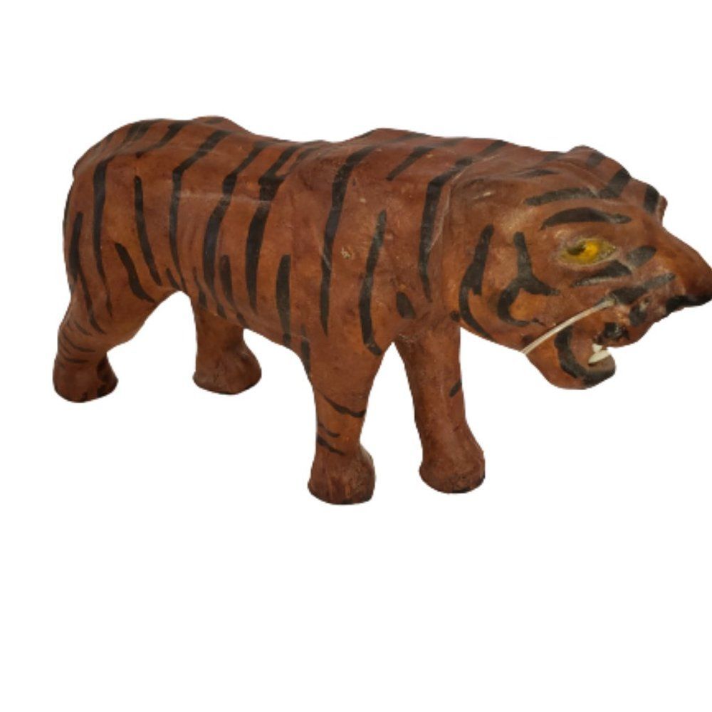 Vintage Leather Wrapped Tiger Glass Eyes Whiskers Bone Tooth Boho Home Decor MCM